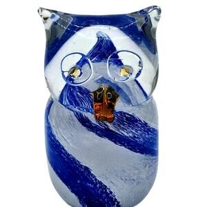 Hand Blown Art Glass Owl Paperweight Blue White Swirl Figurine Decor